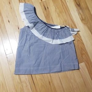 Blue and white one shoulder ruffle